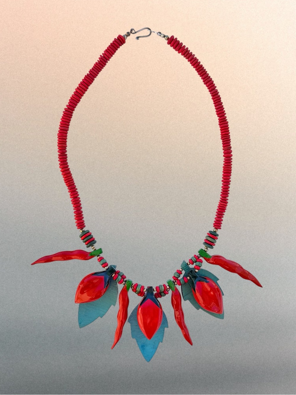 Hand Crafted Red Pepper and Green Leaf Wooden Beads Statement 20” Necklace - Picture 3 of 5